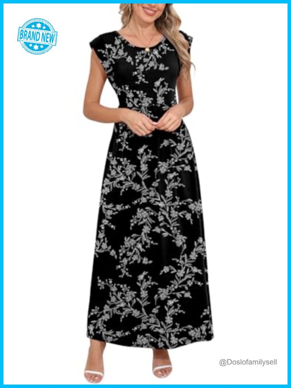 Cap Sleeve Maxi Dress with Pockets Empire Waist Loose Fit Summer Sundress - Picture 5 of 6